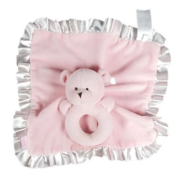 Carters Pink Teddy Bear Rattle Ring Lovey Baby Security Blanket Plush Satin Trim - Picture 9 of 9
